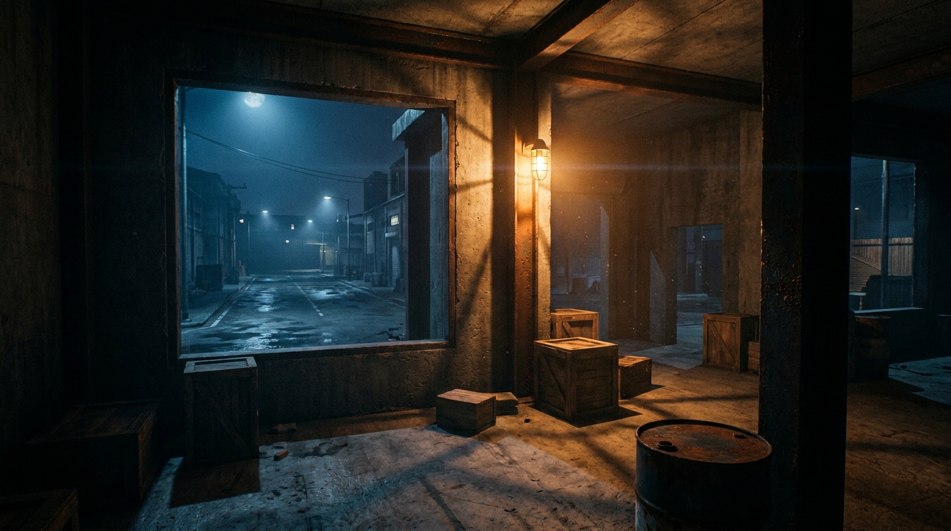 Concept art of a derelict workshop interior at night, lit by one lamp, looking out onto a dark street
