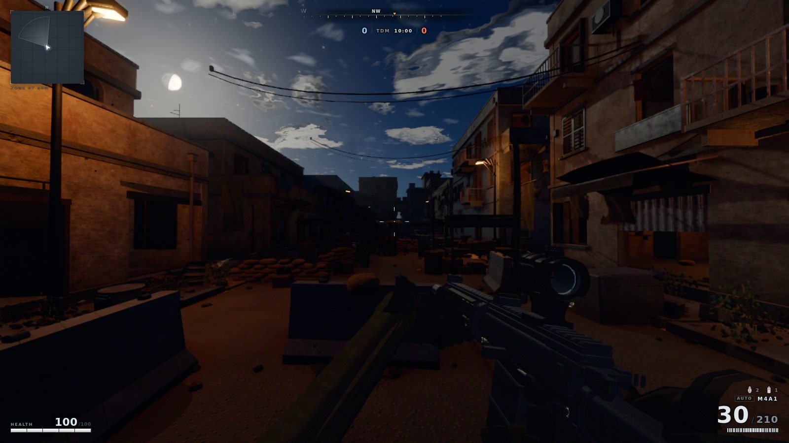 The same market street at night, lit by street lamps and a moon, with the HUD visible